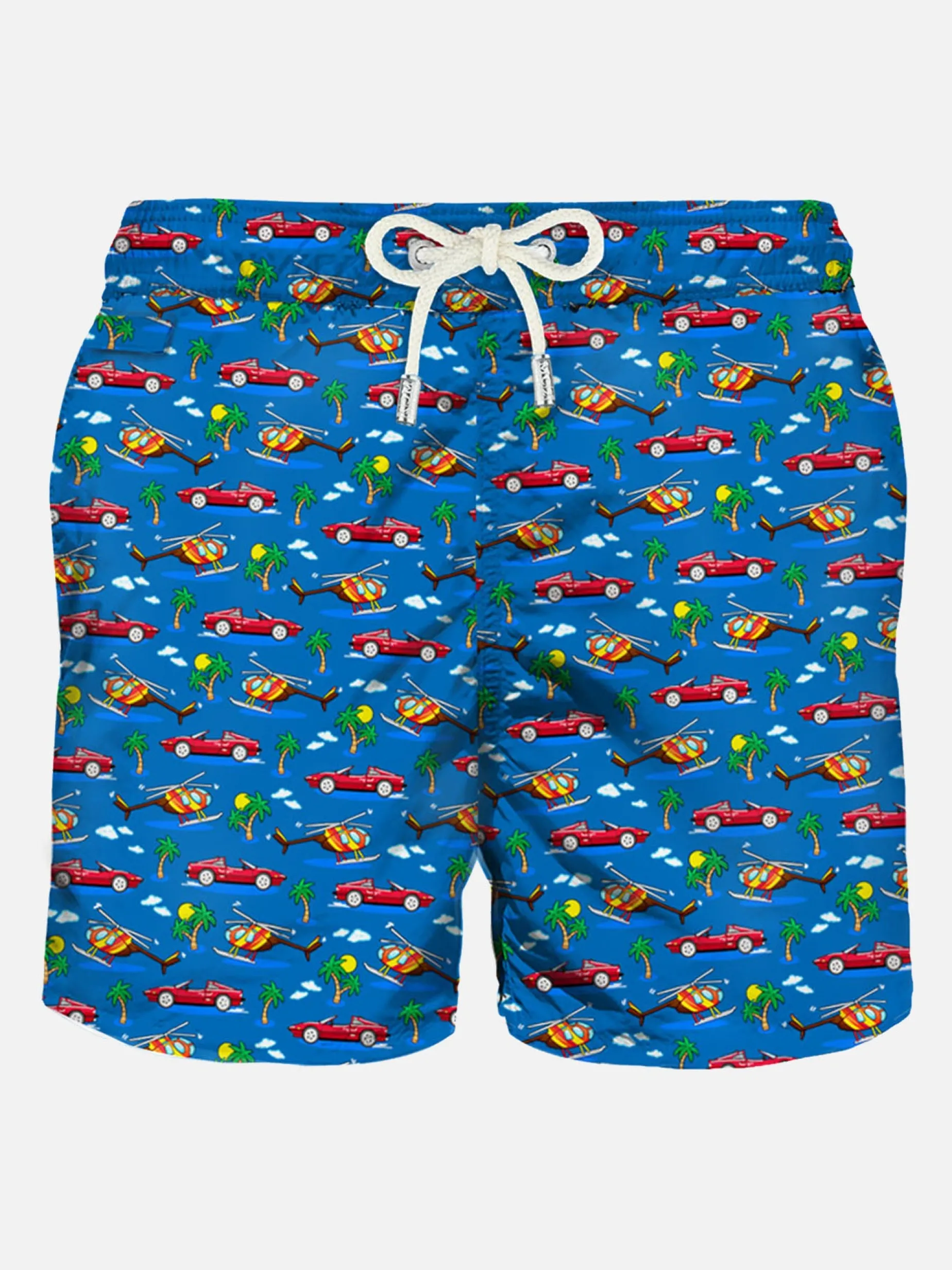 Herren-Badeshorts aus leichtem Stoff mit Autos-Aufdruck