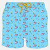 Herren-Badeshorts aus leichtem Stoff mit Zeitungs-, Bier- und Zigarettenaufdruck