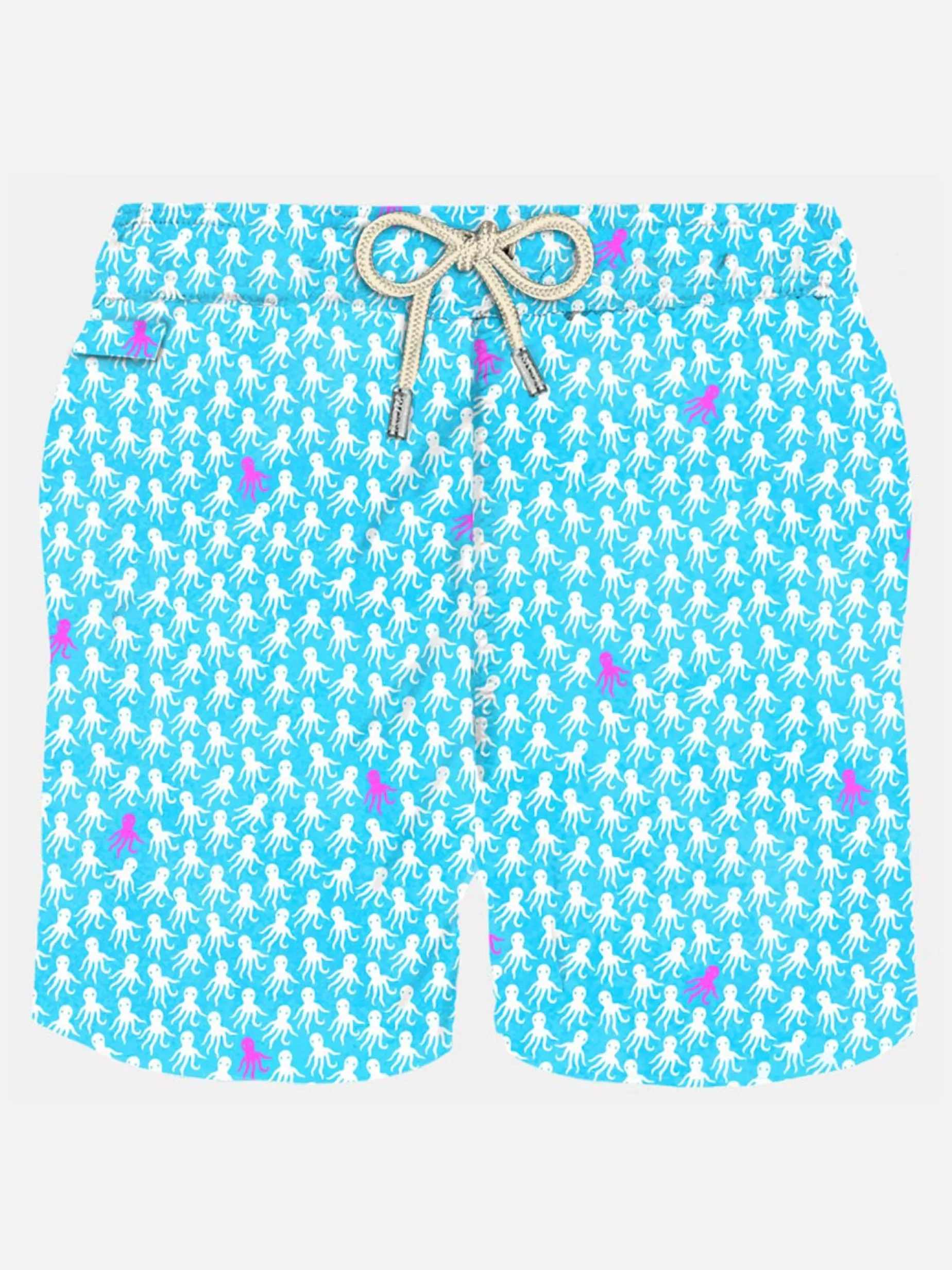Herren-Badeshorts aus leichtem Stoff mit weißem und fuchsiafarbenem Oktopus-Print
