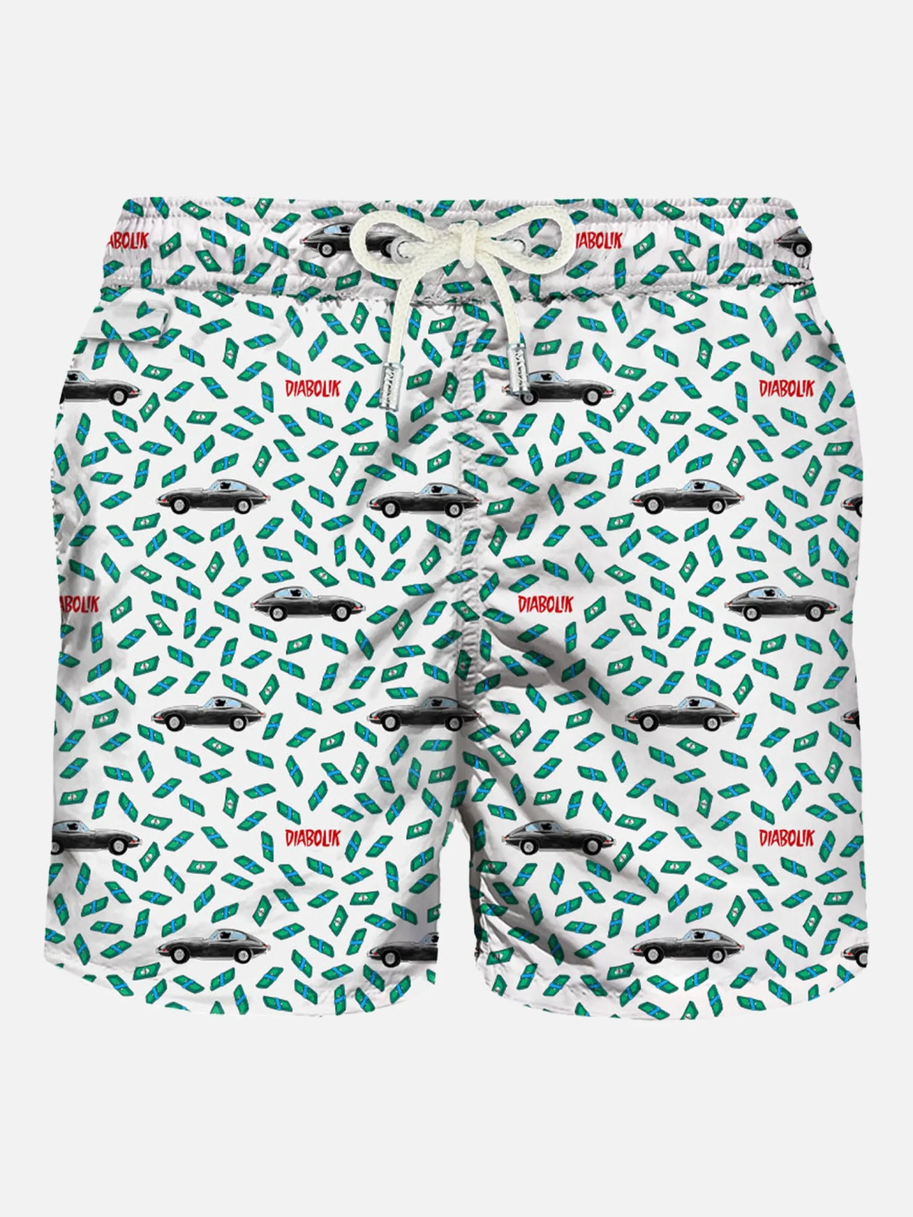 Herren-Badeshorts aus leichtem Stoff mit Auto- und Geldaufdruck | DIABOLIK SONDEREDITION