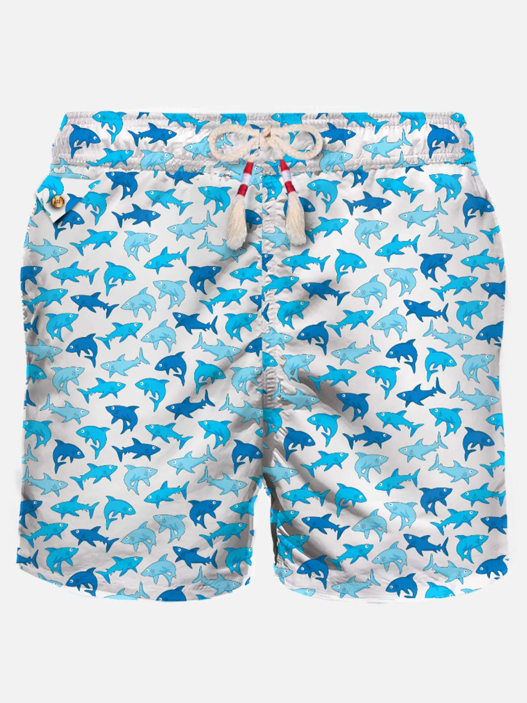 Herren-Badeshorts aus leichtem Stoff mit Hai-Aufdruck