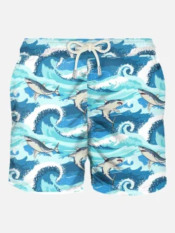 Herren-Badeshorts aus leichtem Stoff mit Hai-Print