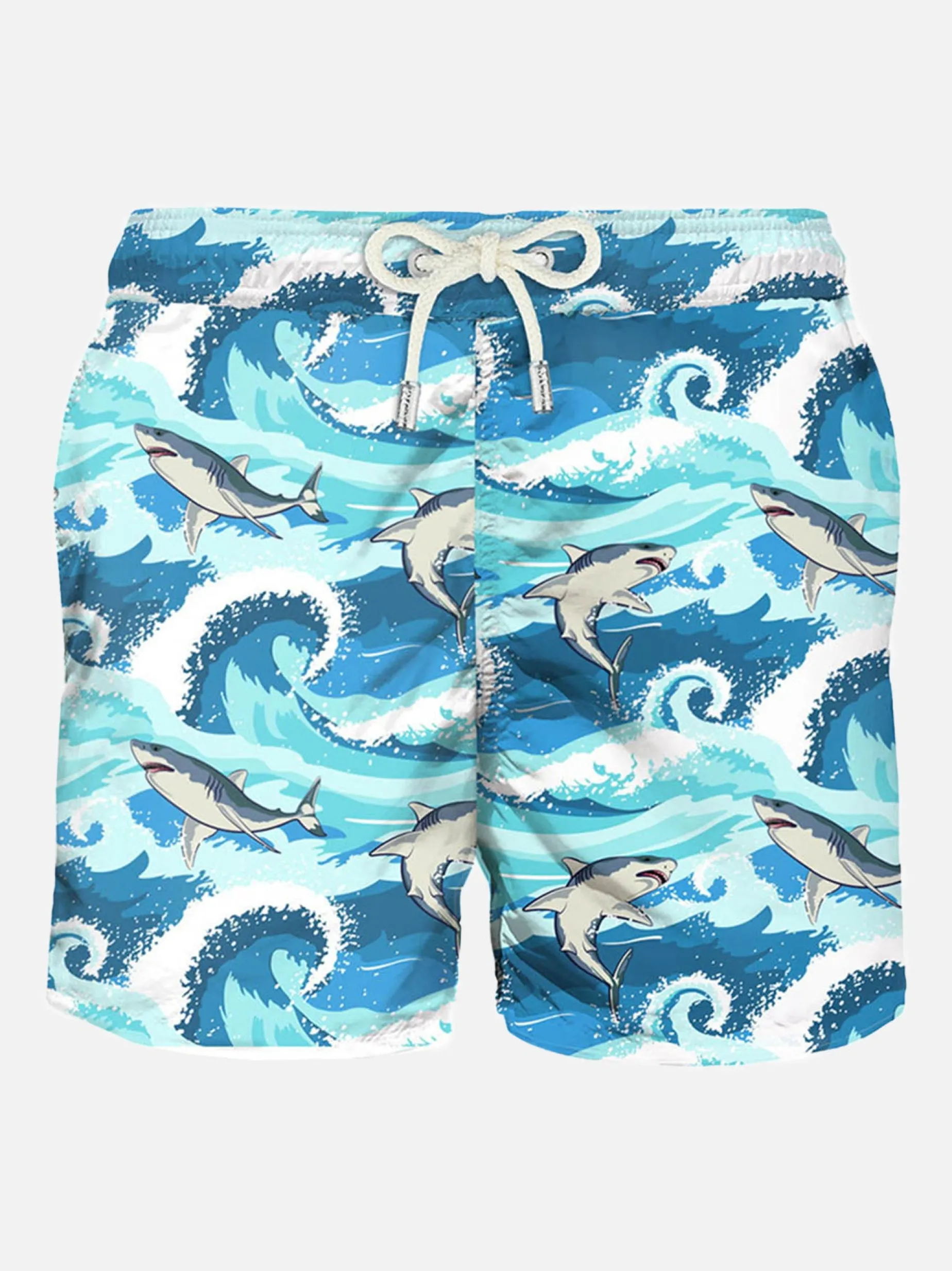 Herren-Badeshorts aus leichtem Stoff mit Hai-Print