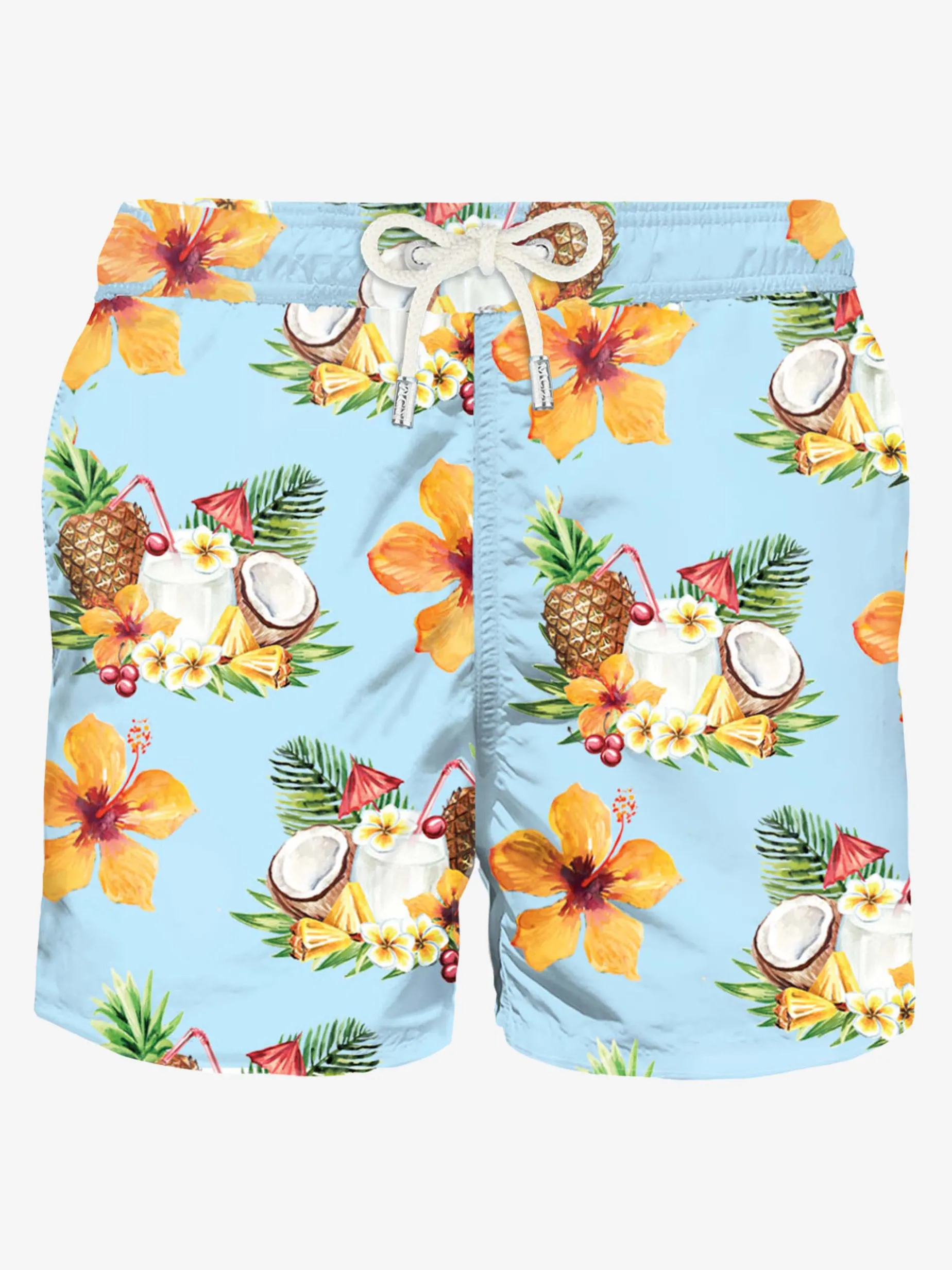 Herren-Badeshorts aus leichtem Stoff mit Kokosnuss- und Ananas-Print