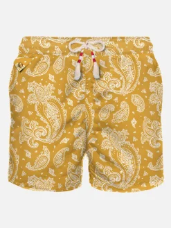 Herren-Badeshorts aus leichtem Stoff mit ockerfarbenem Paisley-Print
