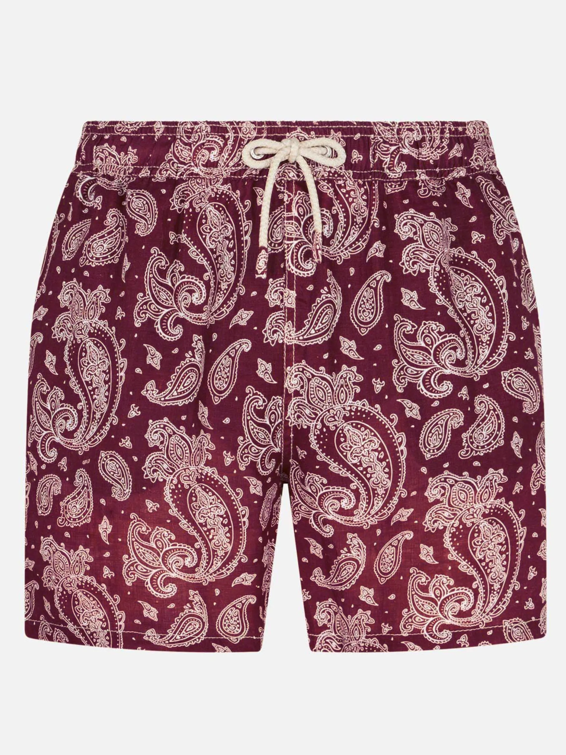 Herren-Badeshorts aus leichtem Stoff mit burgunderrotem Paisley-Print