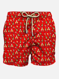 Herren-Badeshorts aus leichtem Stoff mit Flaschen- und Brillenaufdruck