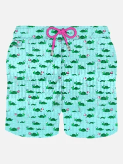 Herren-Badeshorts aus leichtem Stoff mit Schwimmer-Schildkröten-Print
