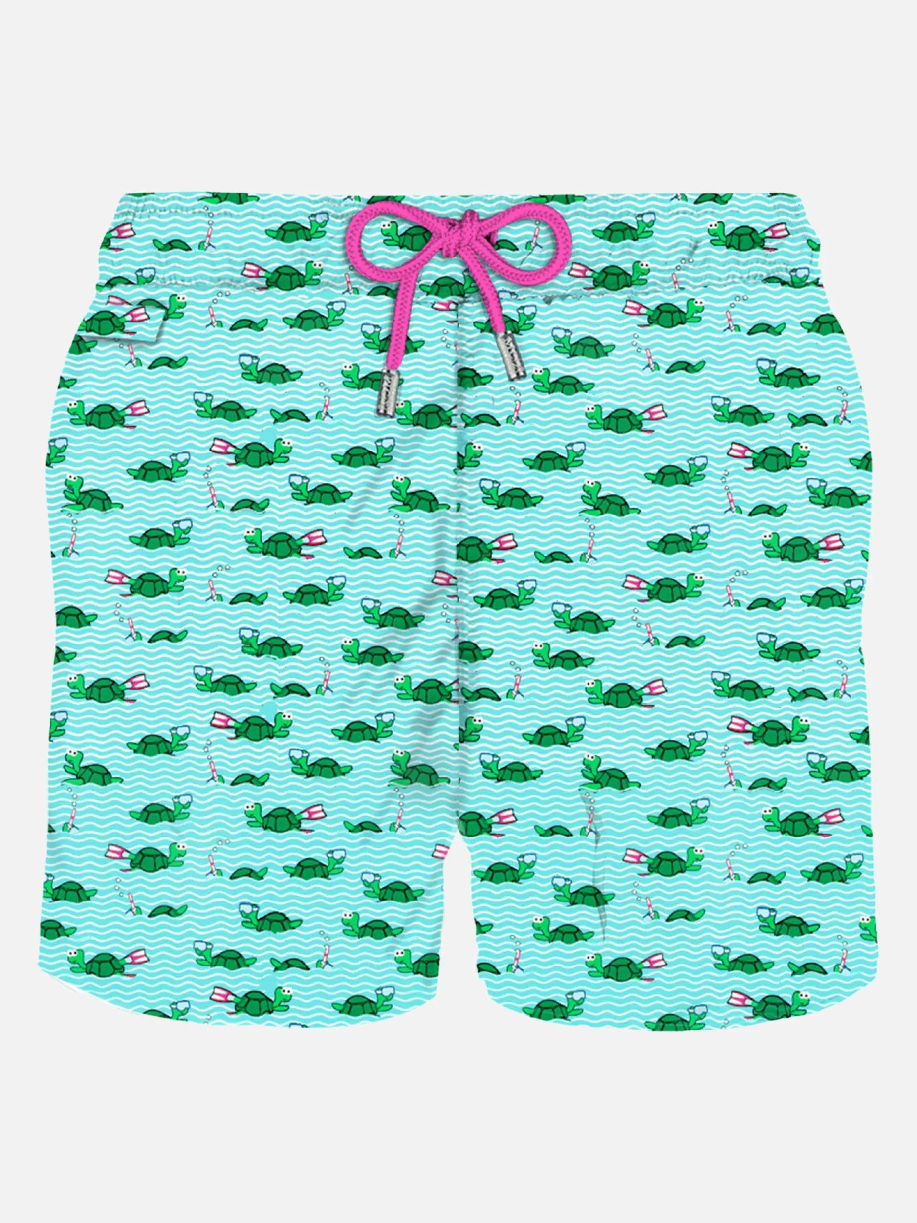 Herren-Badeshorts aus leichtem Stoff mit Schwimmer-Schildkröten-Print