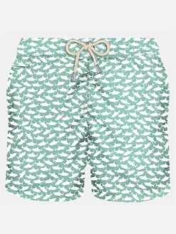 Herren-Badeshorts aus leichtem Stoff mit Hai-Aufdruck