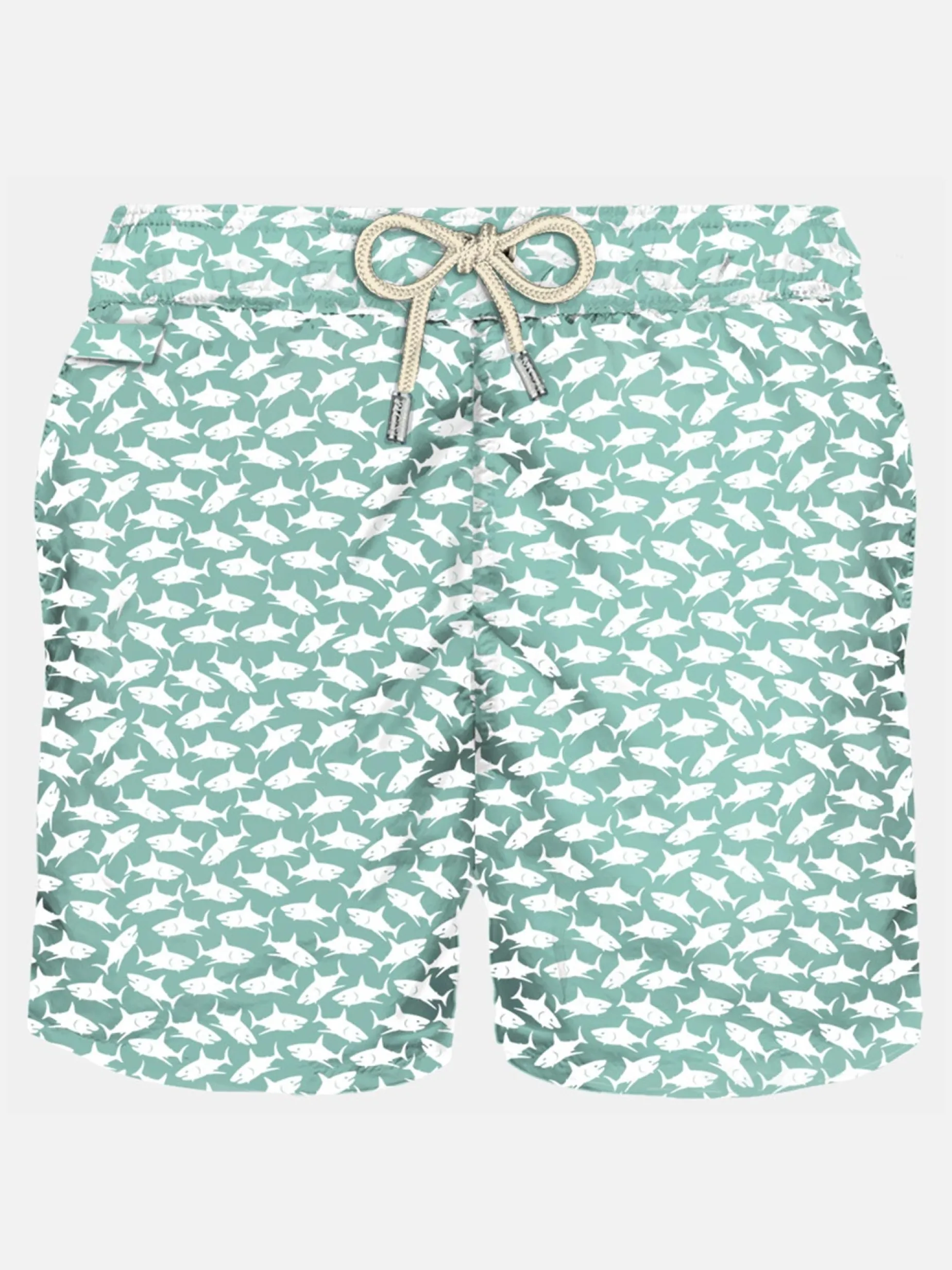 Herren-Badeshorts aus leichtem Stoff mit Hai-Aufdruck
