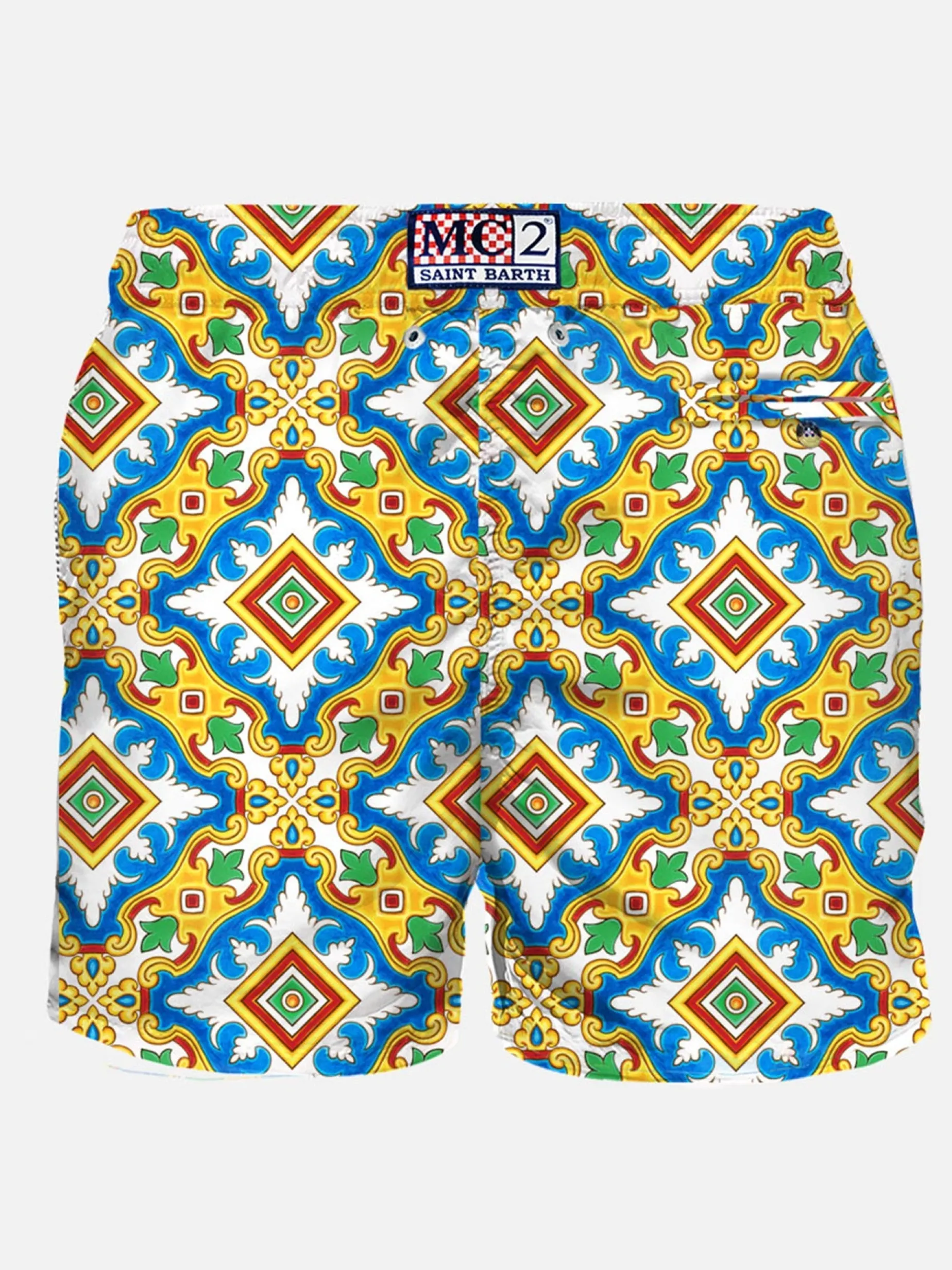 Herren-Badeshorts aus leichtem Stoff mit Maiolika-Print