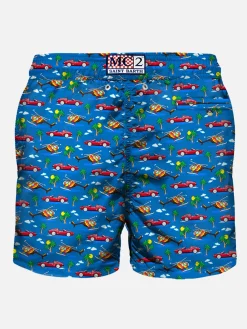 Herren-Badeshorts aus leichtem Stoff mit Autos-Aufdruck