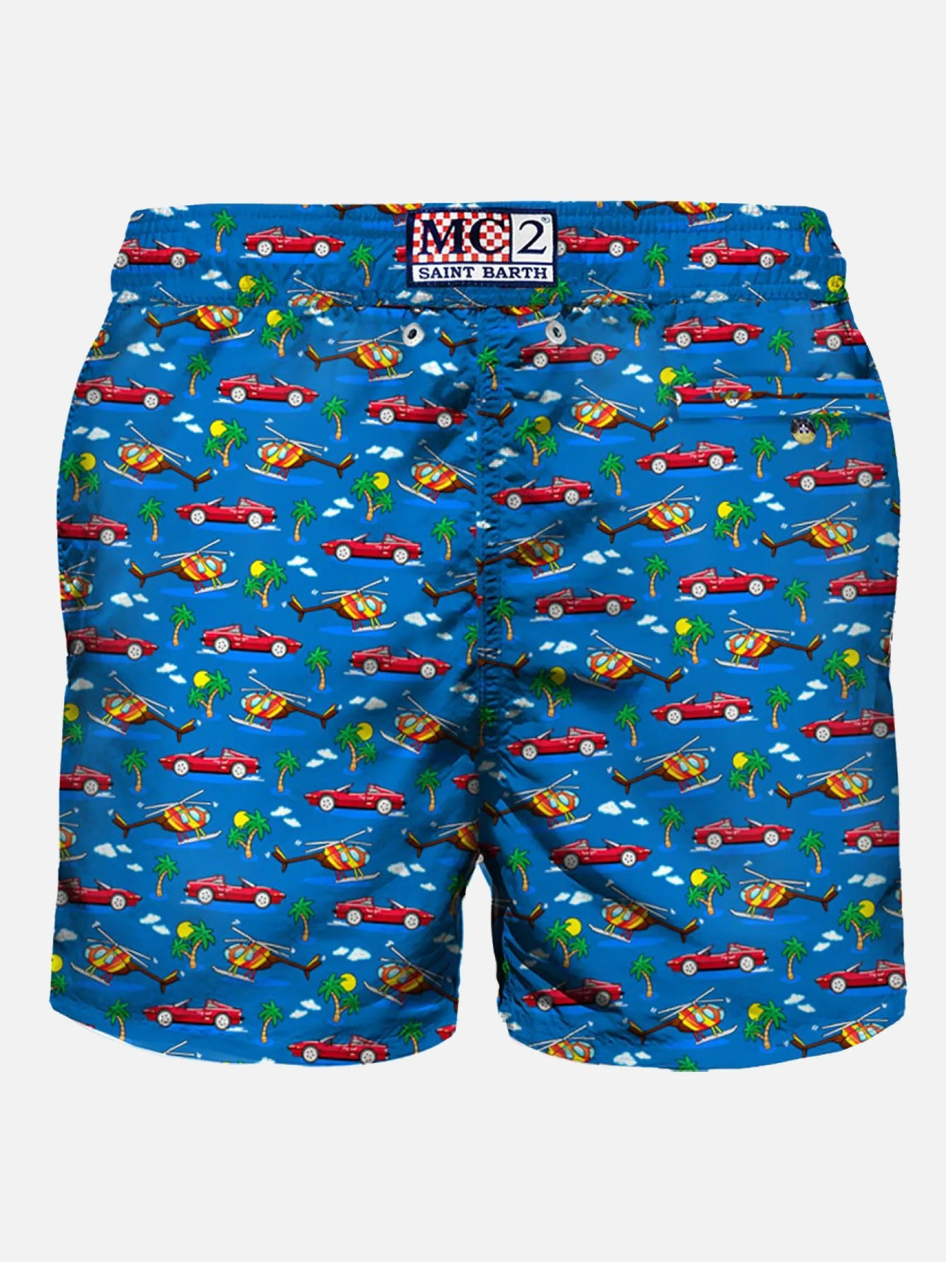 Herren-Badeshorts aus leichtem Stoff mit Autos-Aufdruck