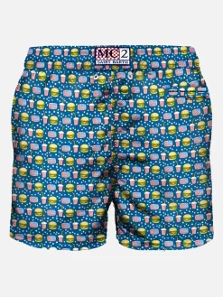 Herren-Badeshorts aus leichtem Stoff mit Fast-Food-Print
