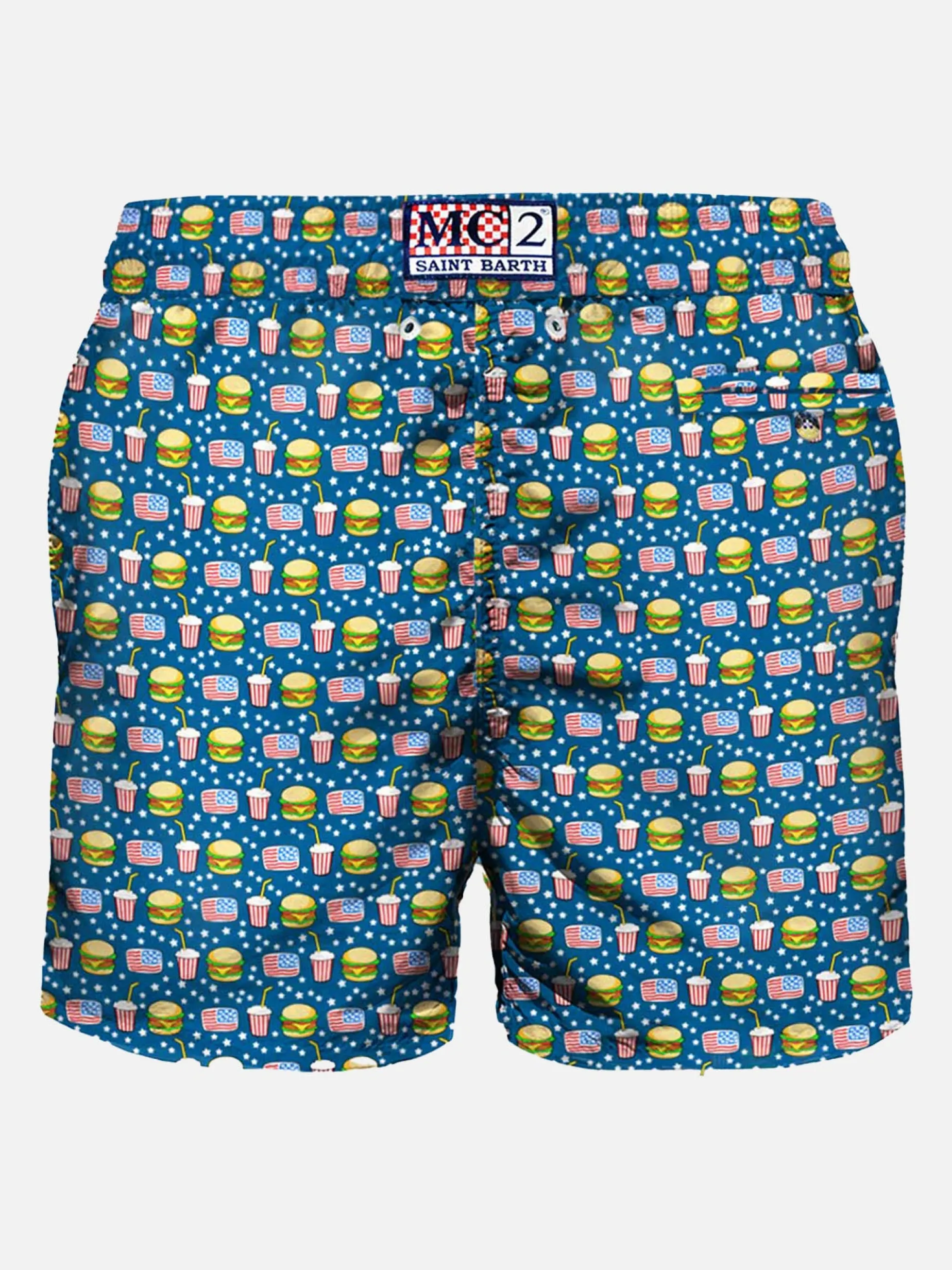 Herren-Badeshorts aus leichtem Stoff mit Fast-Food-Print