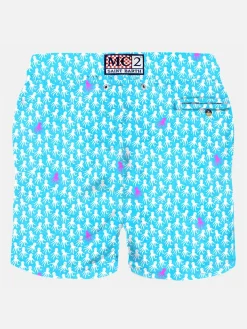 Herren-Badeshorts aus leichtem Stoff mit weißem und fuchsiafarbenem Oktopus-Print