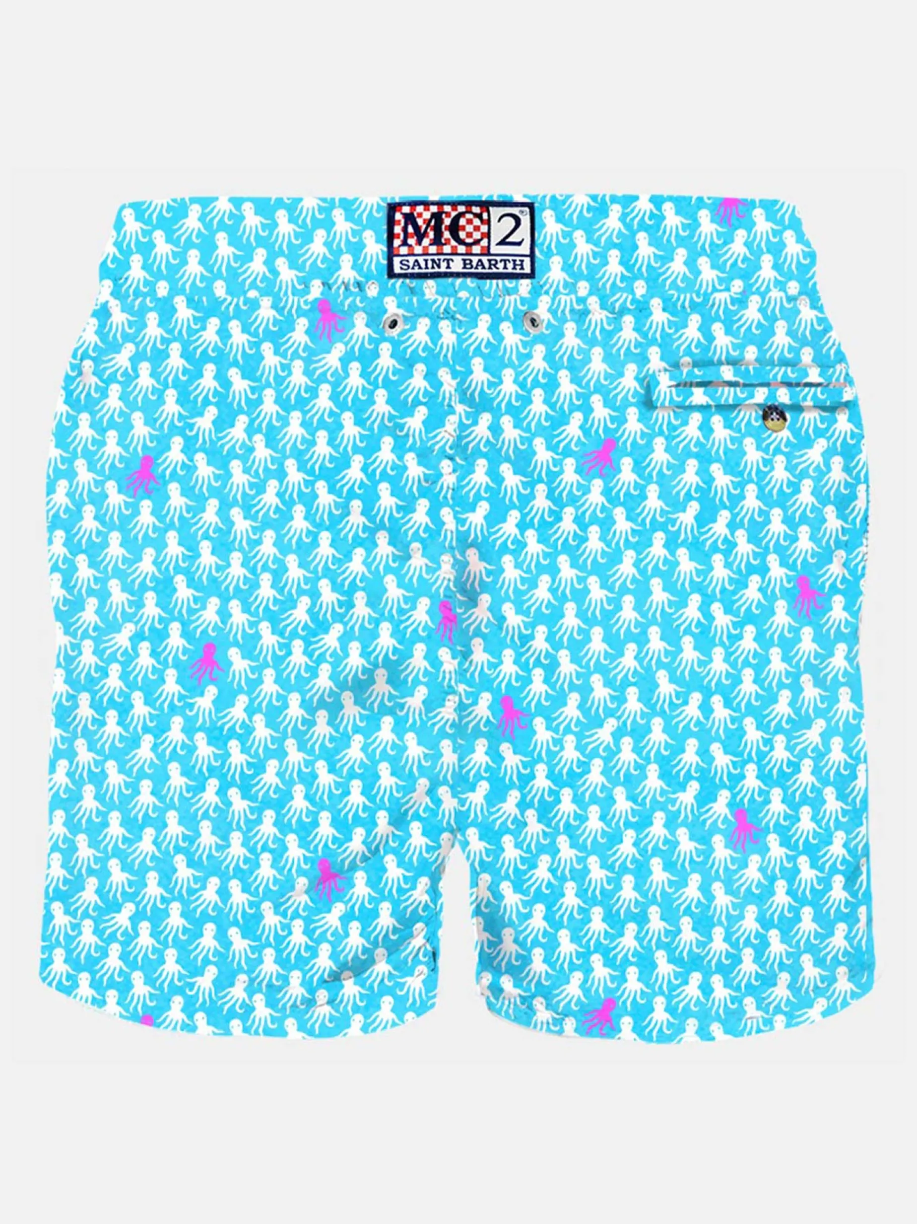 Herren-Badeshorts aus leichtem Stoff mit weißem und fuchsiafarbenem Oktopus-Print