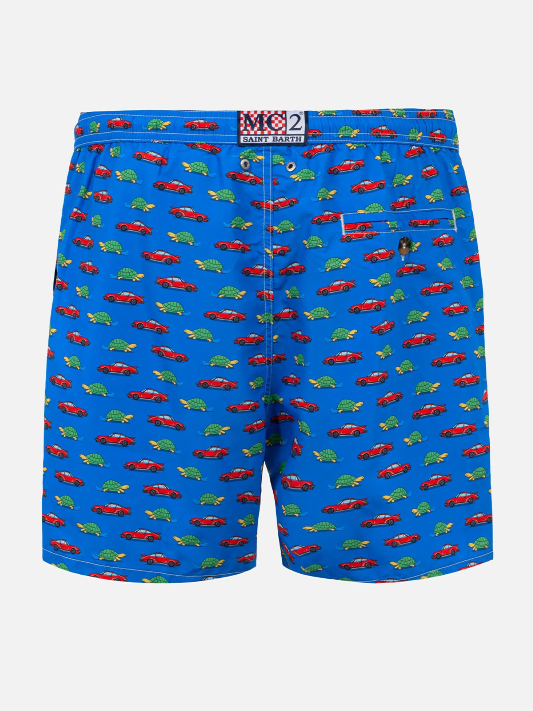Herren-Badeshorts aus leichtem Stoff mit Schildkröten- und Autoaufdruck