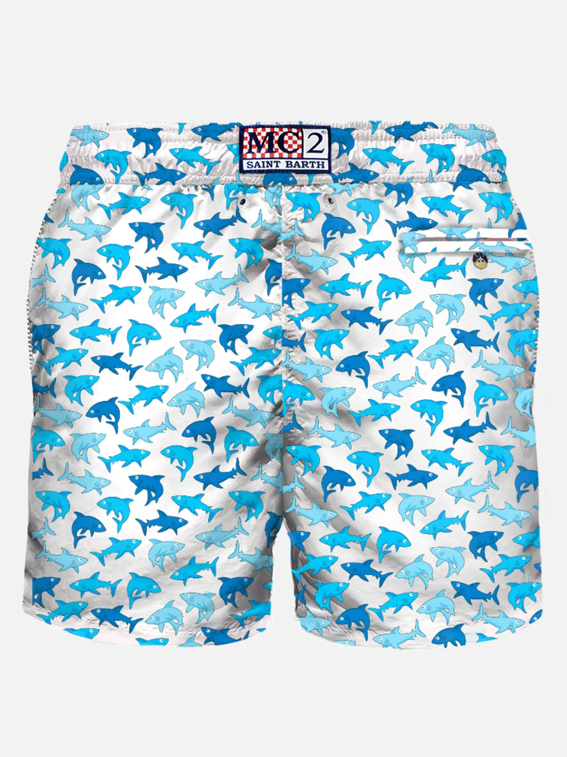 Herren-Badeshorts aus leichtem Stoff mit Hai-Aufdruck