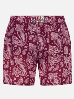 Herren-Badeshorts aus leichtem Stoff mit burgunderrotem Paisley-Print
