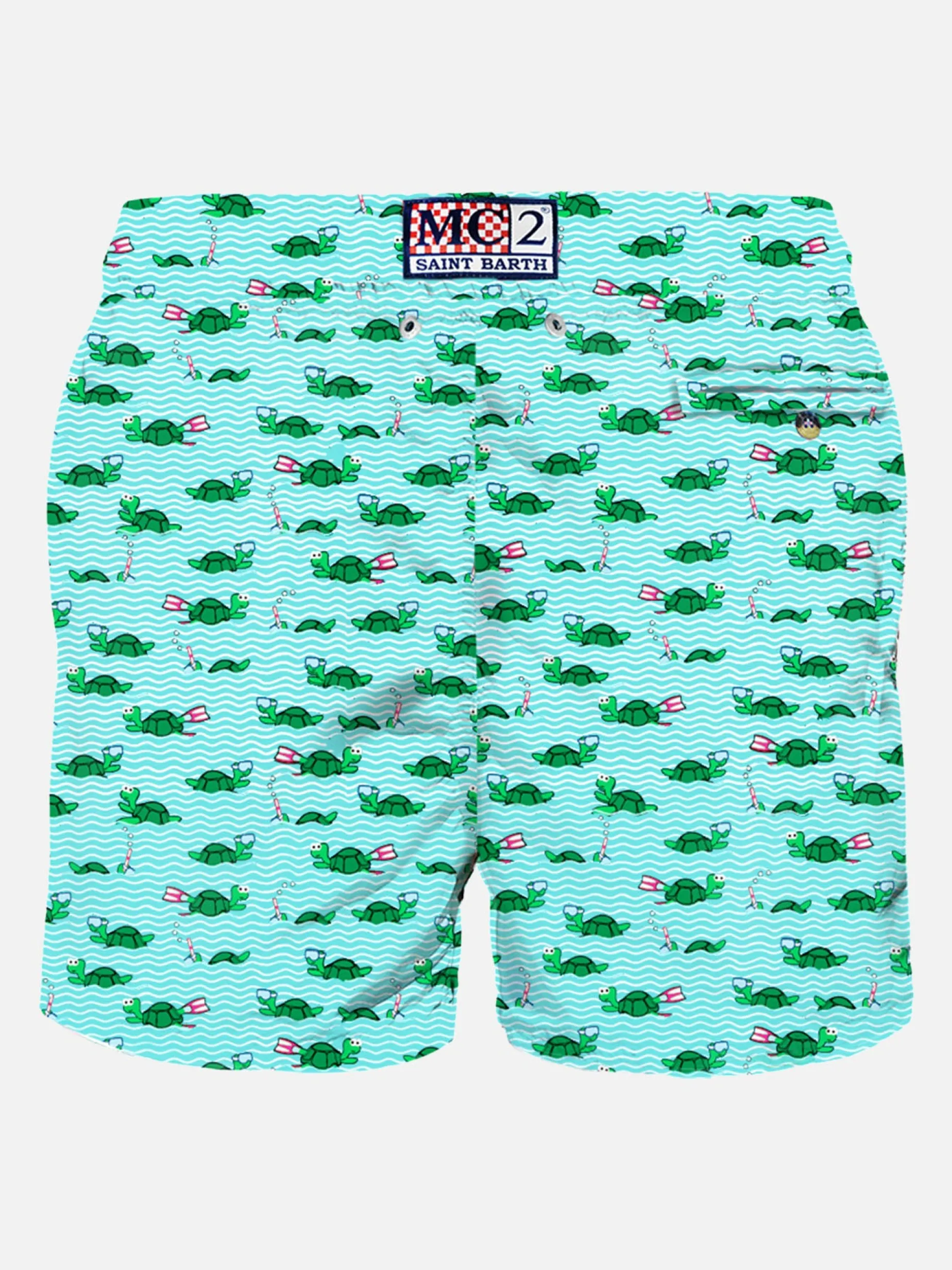 Herren-Badeshorts aus leichtem Stoff mit Schwimmer-Schildkröten-Print