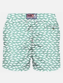 Herren-Badeshorts aus leichtem Stoff mit Hai-Aufdruck