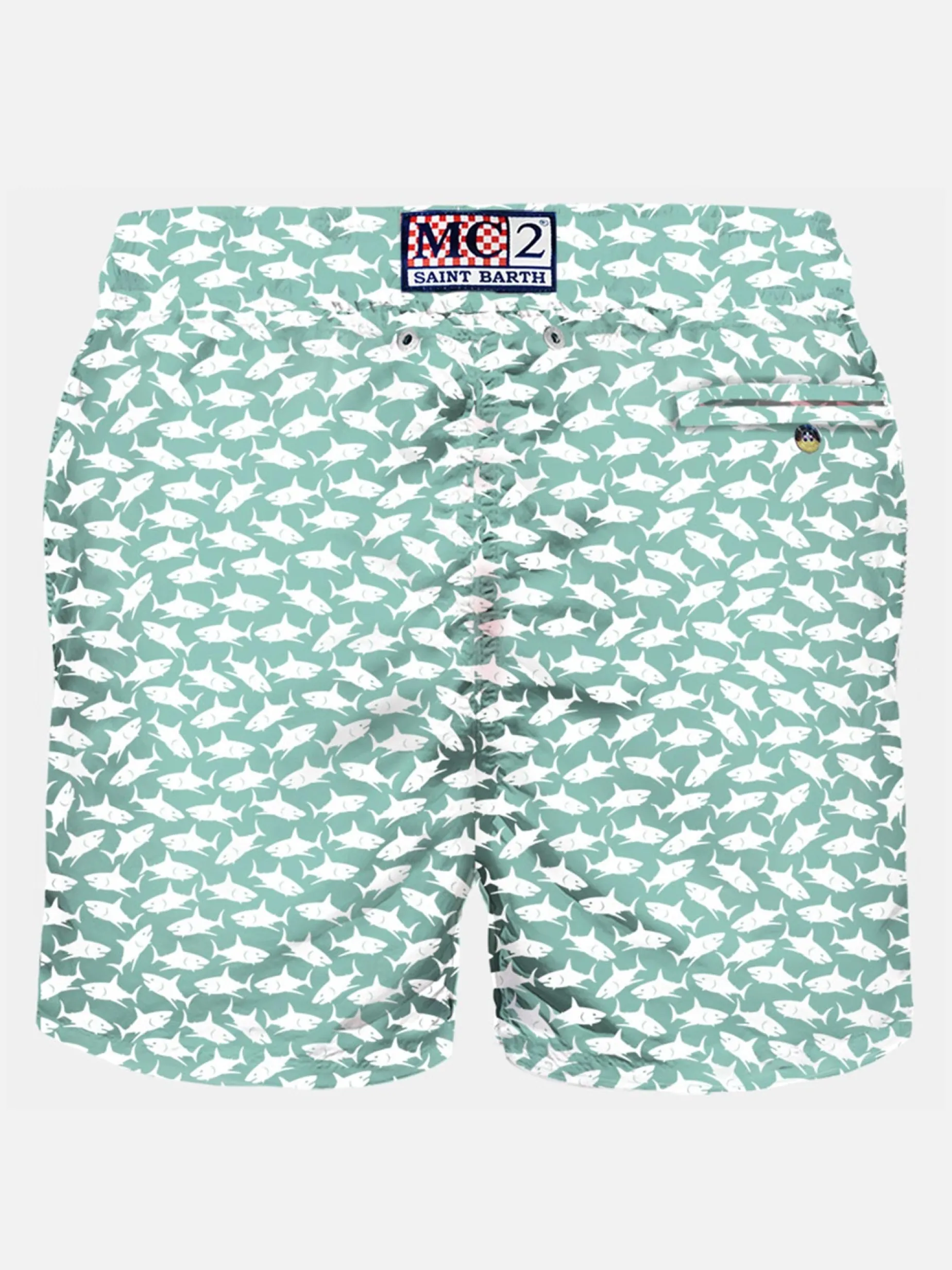 Herren-Badeshorts aus leichtem Stoff mit Hai-Aufdruck