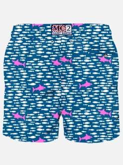 Herren-Badeshorts aus leichtem Stoff mit Fisch- und Hai-Aufdruck