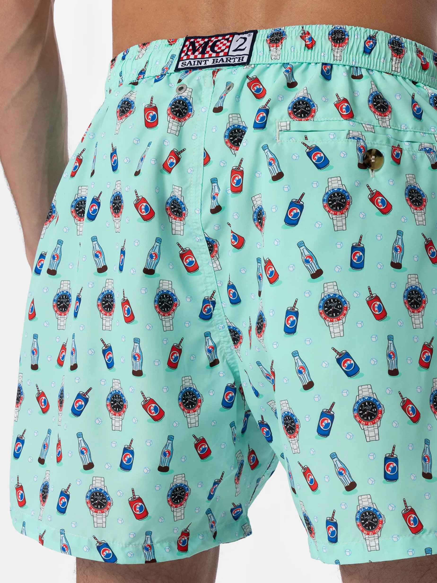 Herren-Badeshorts aus leichtem Stoff Lighting Micro Fantasy mit Uhren- und Getränkeaufdruck