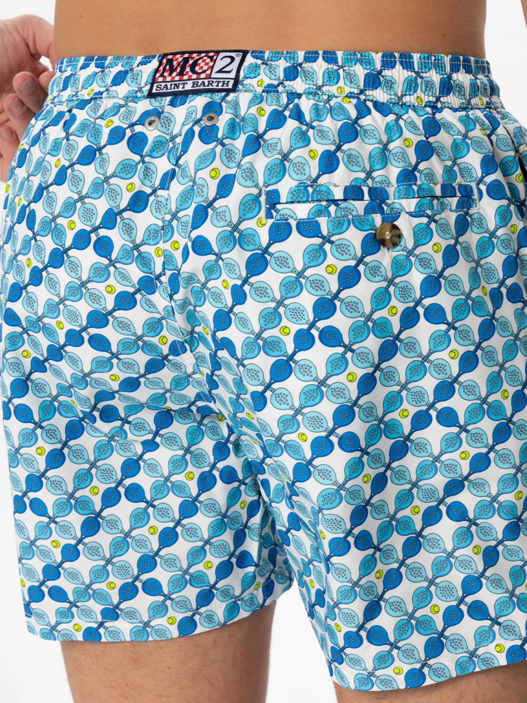 Herren-Badeshorts aus leichtem Stoff mit Padelschläger-Aufdruck