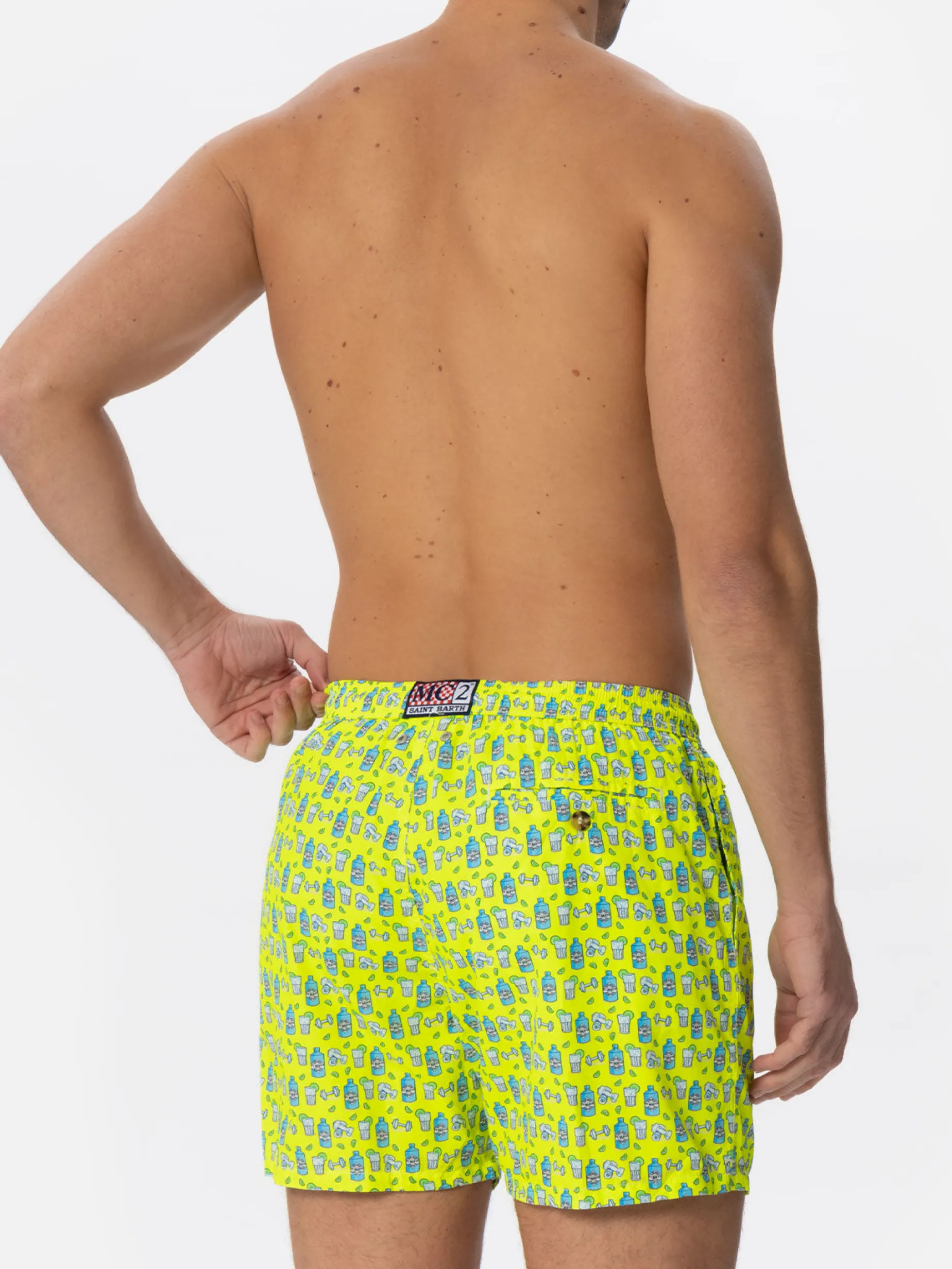 Herren-Badeshorts aus leichtem Stoff mit Gin- und Gym-Print