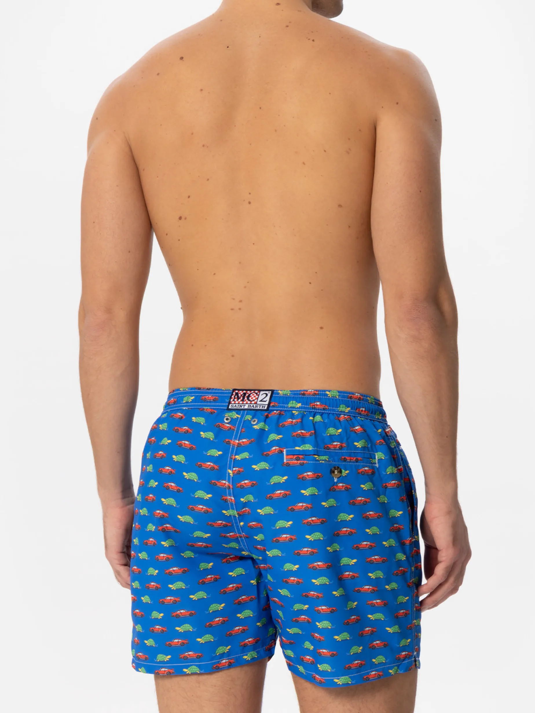 Herren-Badeshorts aus leichtem Stoff mit Schildkröten- und Autoaufdruck