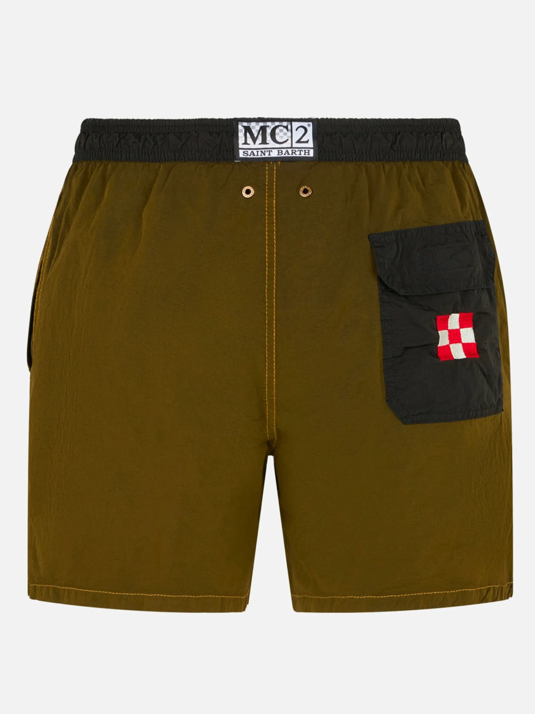 Herren-Badeshorts aus ockerfarbenem, leichtem Stoff