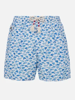 Herren-Badeshorts Lighting 70 aus leichtem Stoff mit Hai-Aufdruck