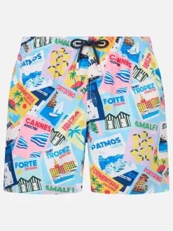 Herren-Badeshorts Lighting aus leichtem Stoff mit Postkartendruck