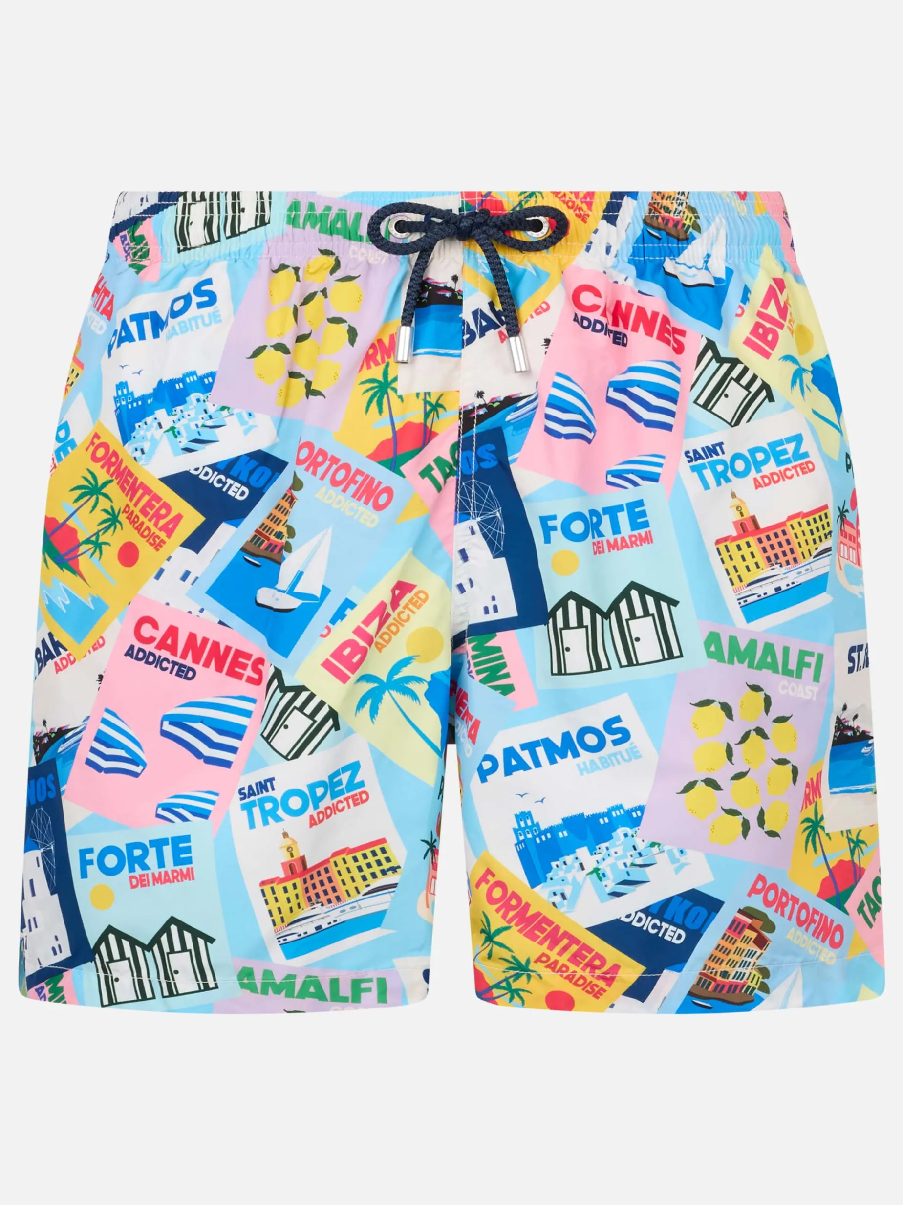 Herren-Badeshorts Lighting aus leichtem Stoff mit Postkartendruck