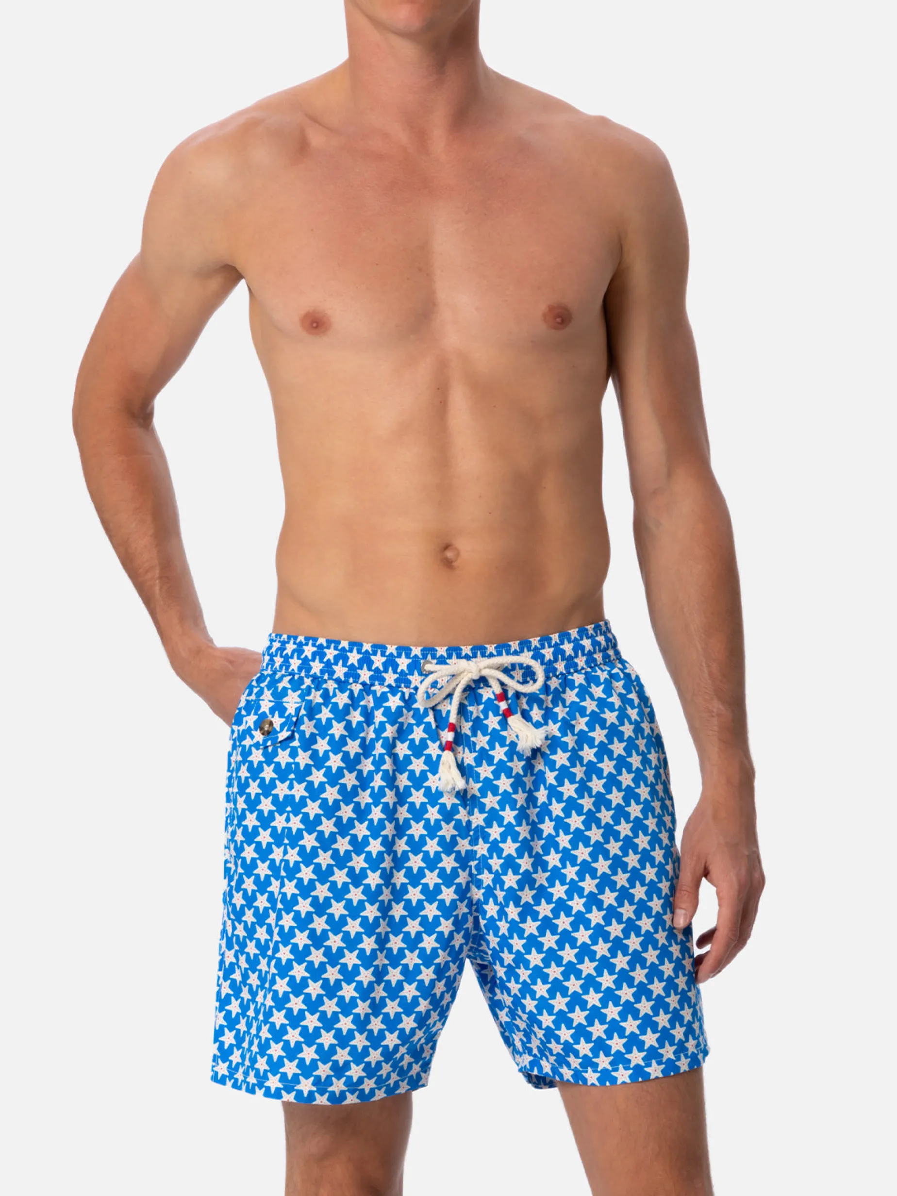Herren-Badeshorts Lighting 70 aus leichtem Stoff mit Seesternen-Aufdruck