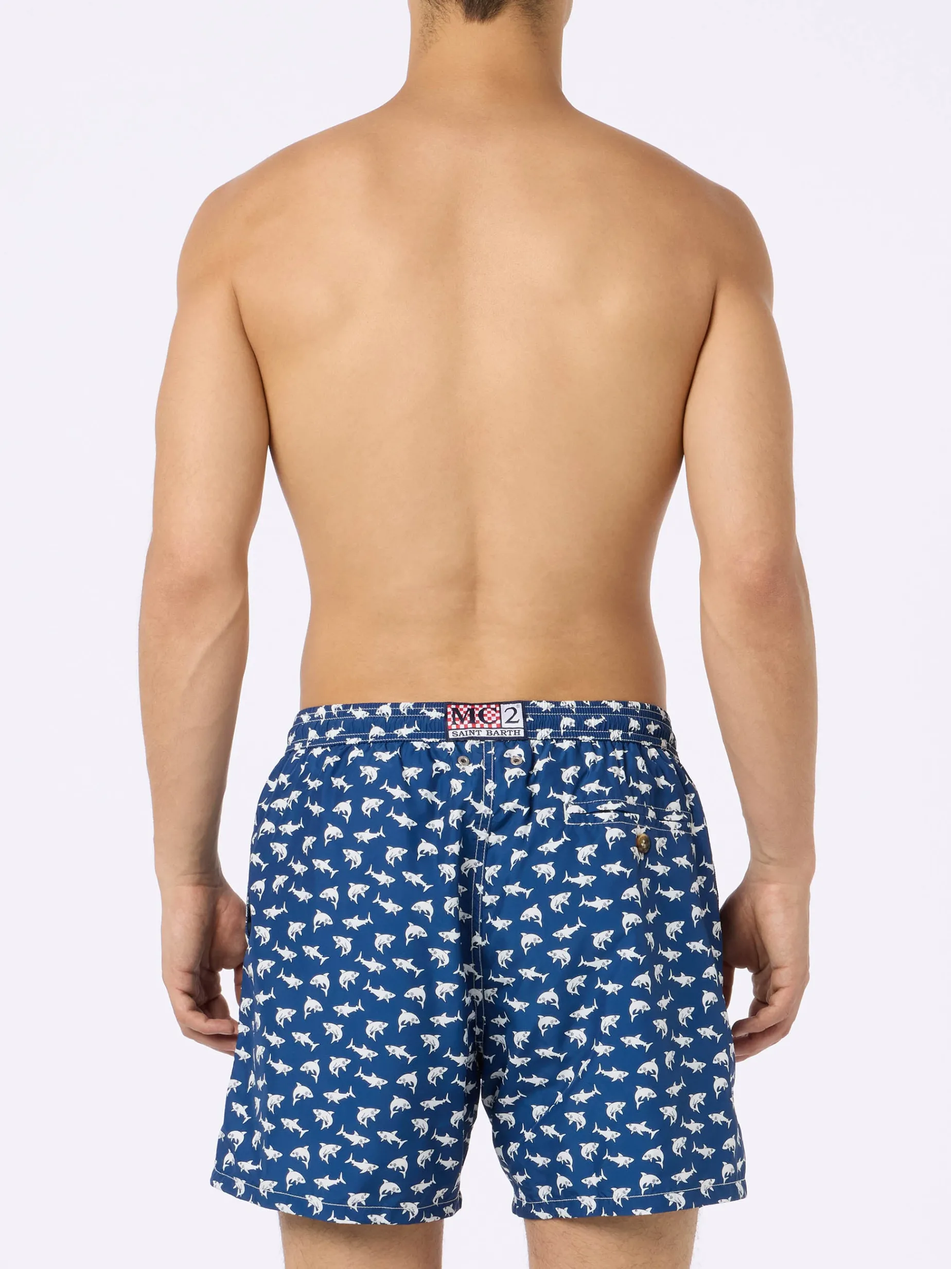 Herren-Badeshorts Lighting 70 aus leichtem Stoff mit Hai-Aufdruck