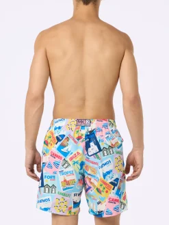 Herren-Badeshorts Lighting aus leichtem Stoff mit Postkartendruck