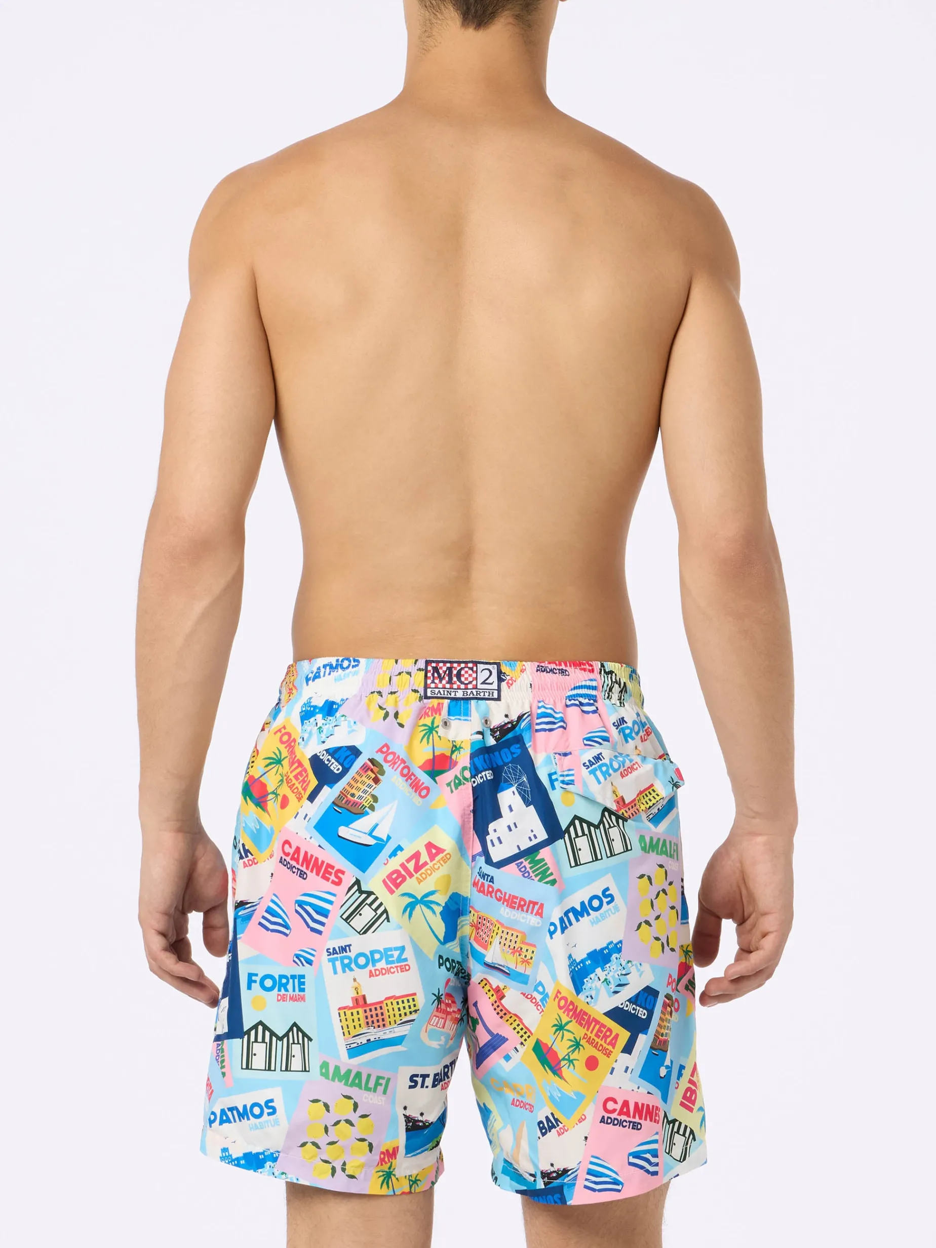 Herren-Badeshorts Lighting aus leichtem Stoff mit Postkartendruck