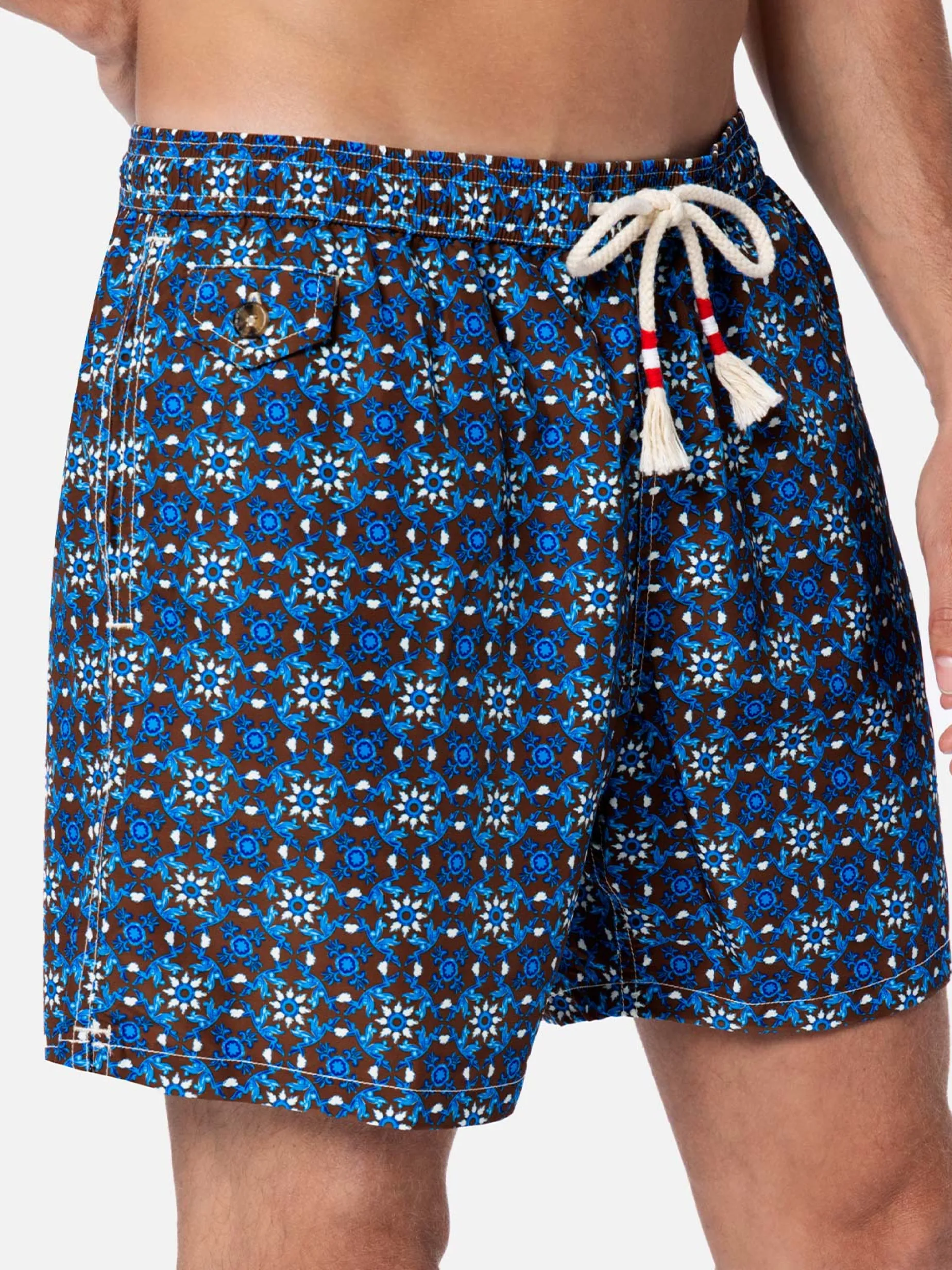Herren-Badeshorts Lighting 70 aus leichtem Stoff mit Majolika-Print
