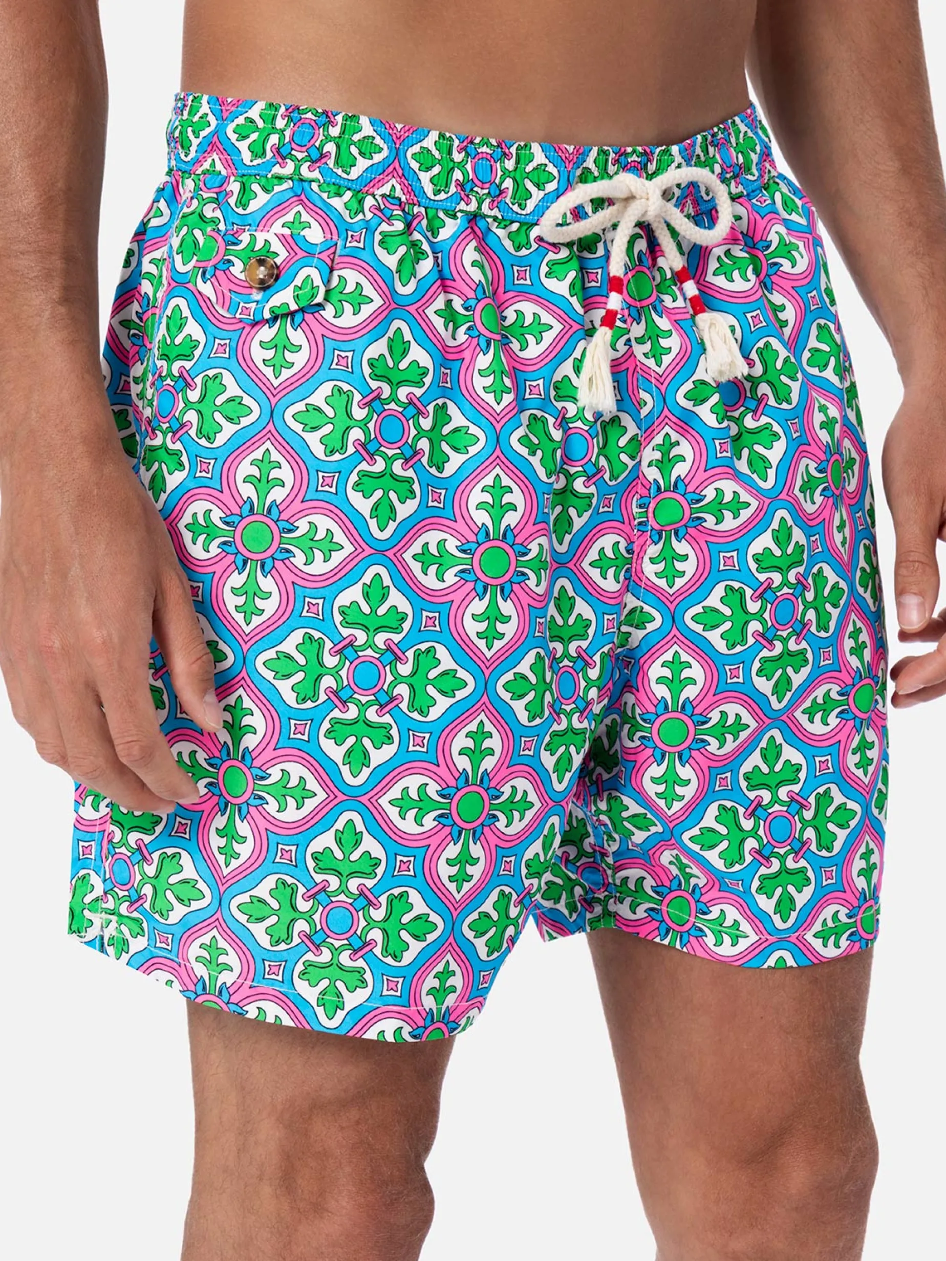 Herren-Badeshorts Lighting 70 aus leichtem Stoff mit Majolika-Print