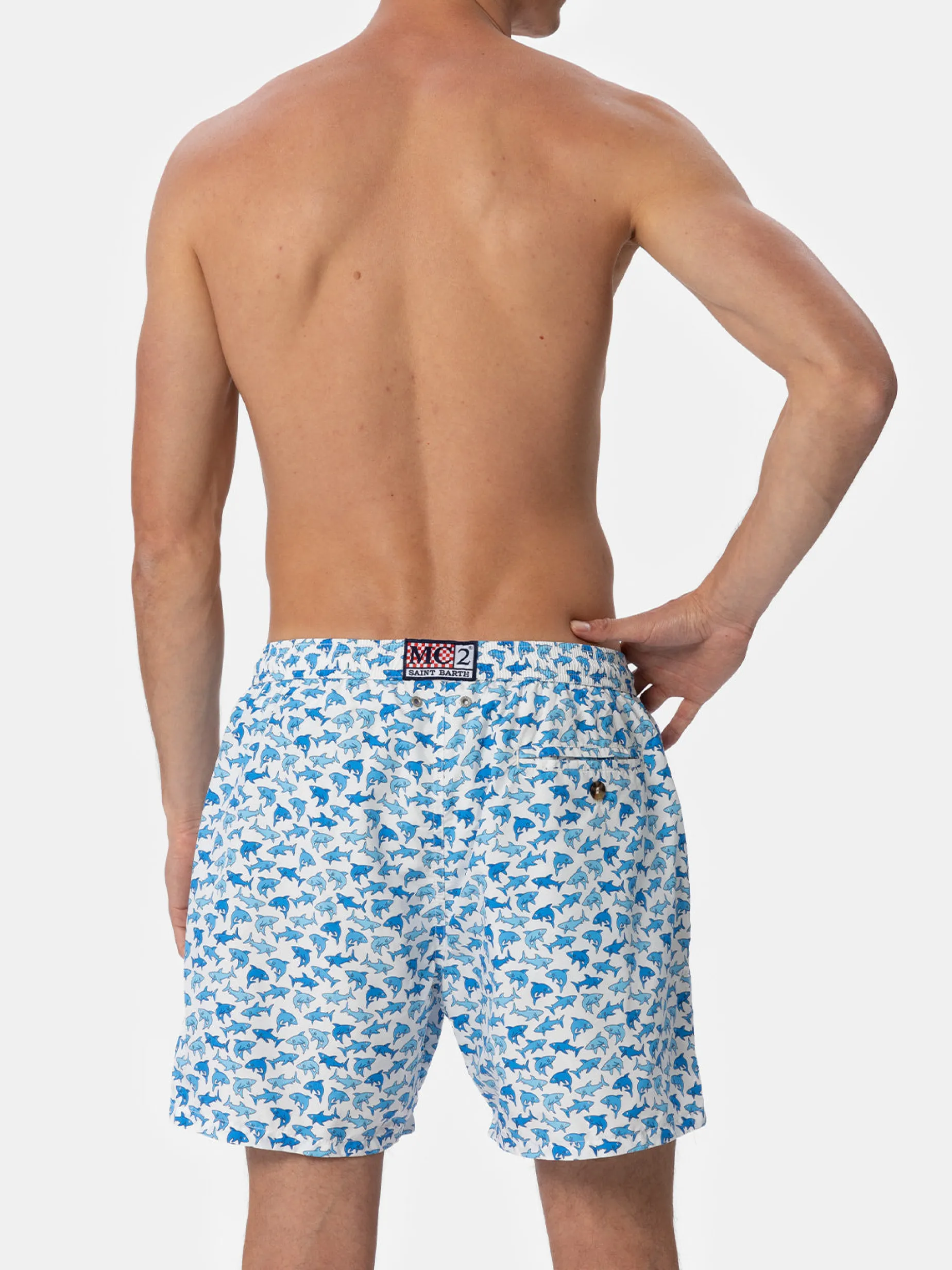 Herren-Badeshorts Lighting 70 aus leichtem Stoff mit Hai-Aufdruck