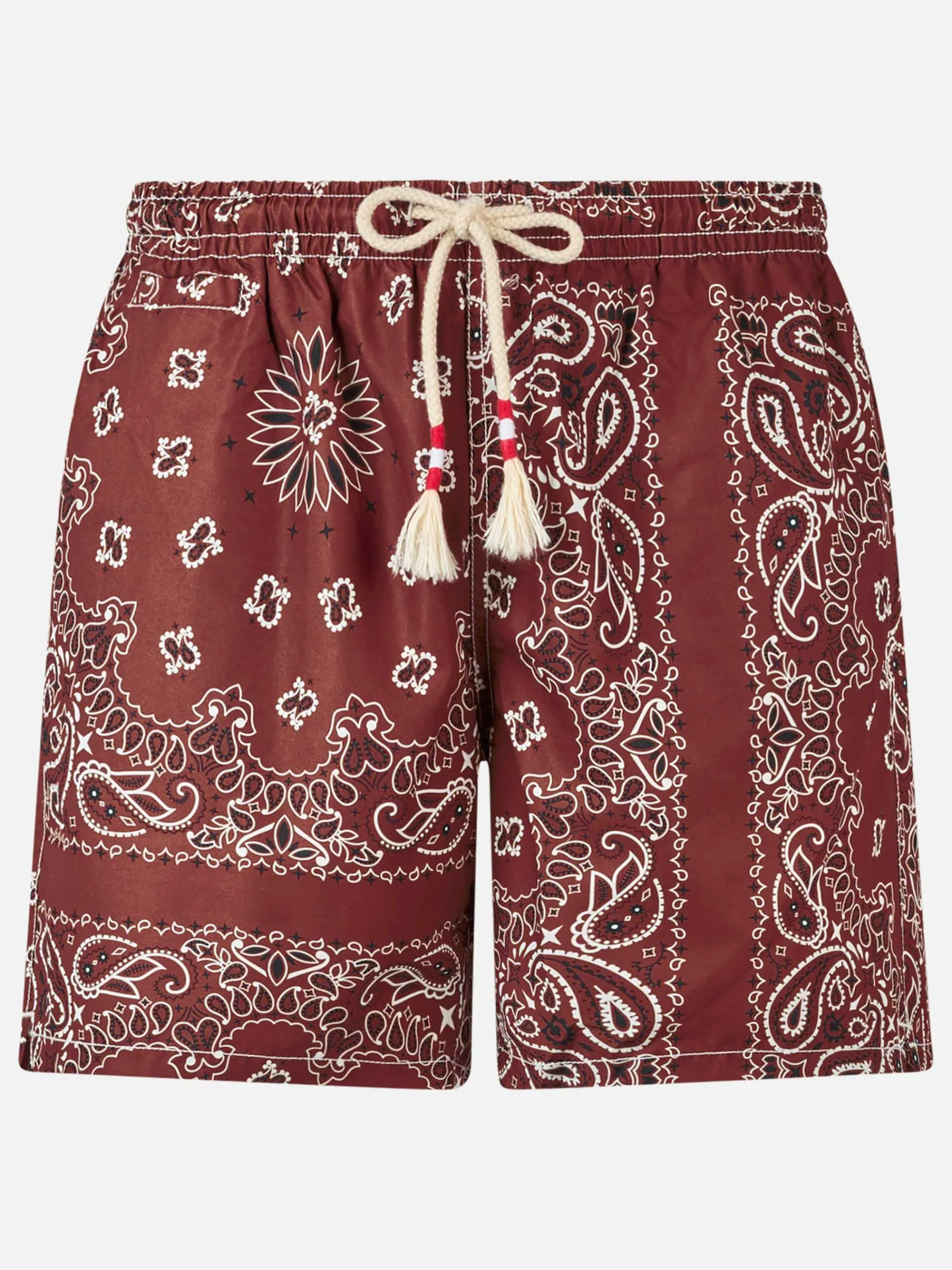 Herren-Badeshorts mit bordeauxrotem Bandana-Print