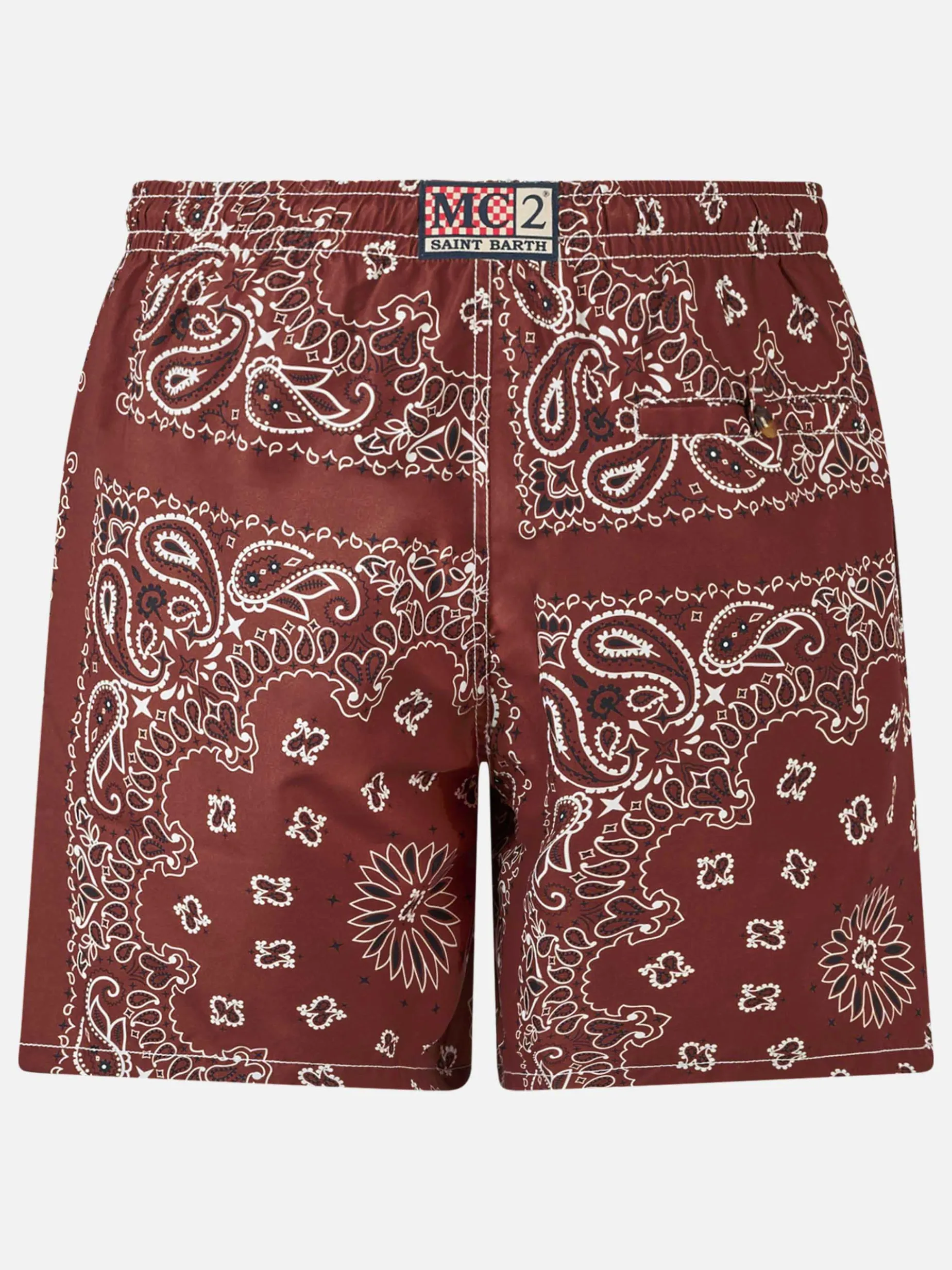 Herren-Badeshorts mit bordeauxrotem Bandana-Print