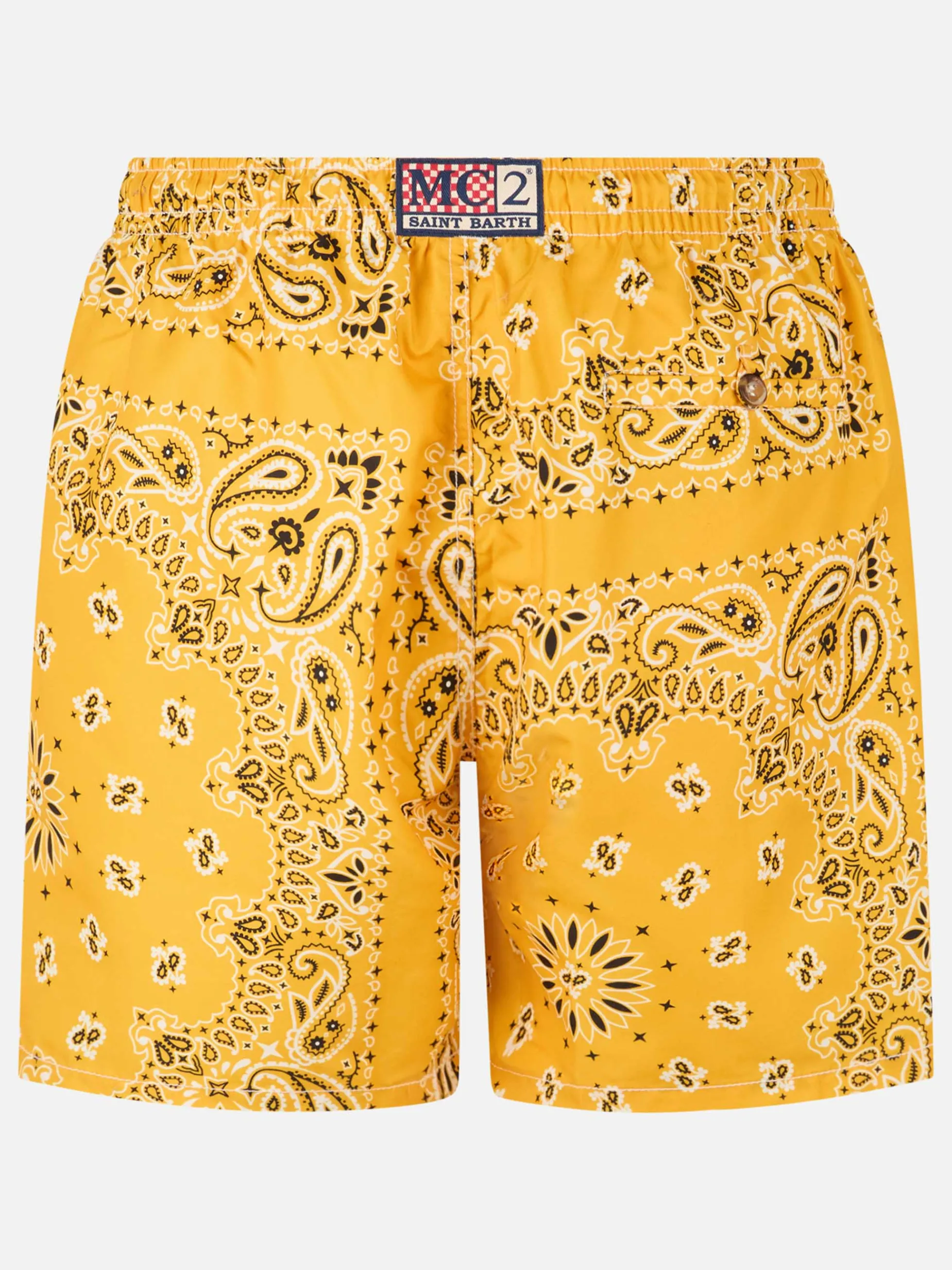 Herren-Badeshorts mit ockerfarbenem Bandana-Print