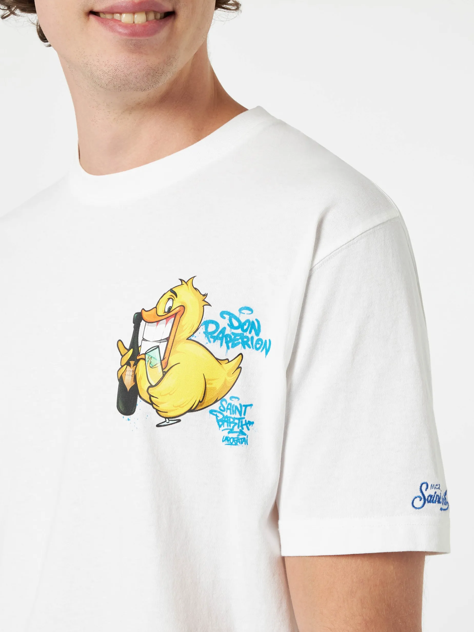 Herren-Baumwoll-T-Shirt mit platziertem Aufdruck „Cryptopuppets Ducky Bollicine“ auf Vorder- und Rückseite | CRYPTOPUPPET-SONDERAUSGABE