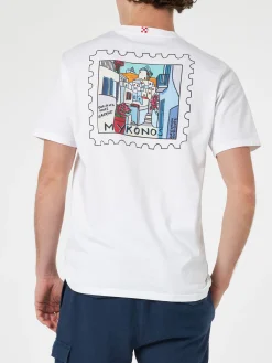 Herren-Baumwoll-T-Shirt mit Mykonos-Postkartendruck auf Vorder- und Rückseite | ALESSANDRO ENRIQUEZ SONDERAUSGABE