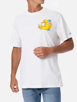 Herren-Baumwoll-T-Shirt mit platziertem Aufdruck „Cryptopuppets Ducky Aperitif“ auf Vorder- und Rückseite | CRYPTOPUPPET-SONDERAUSGABE
